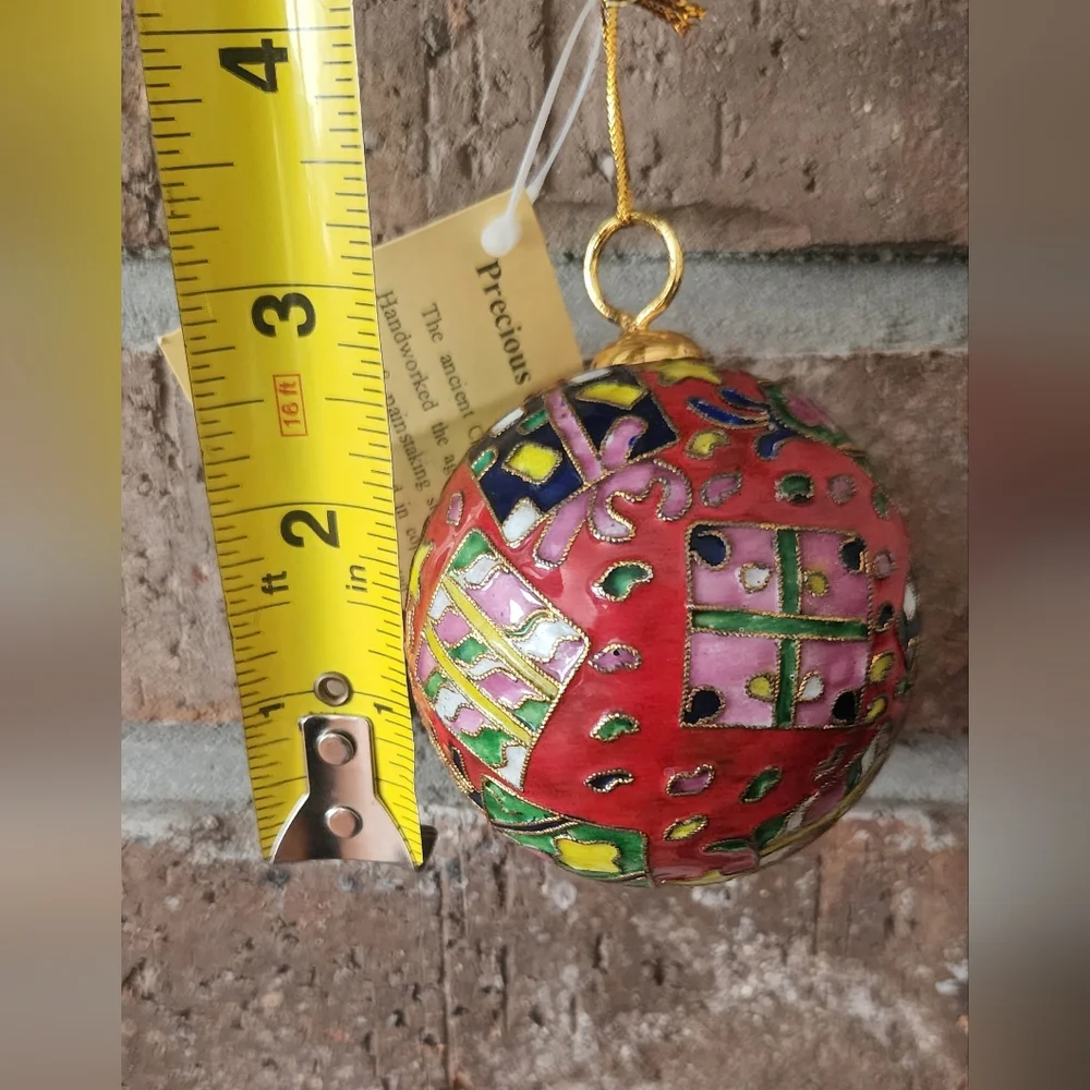 Cloisonne Christmas Ornament Ball Gold Colorful Presents Stars Round 2.5